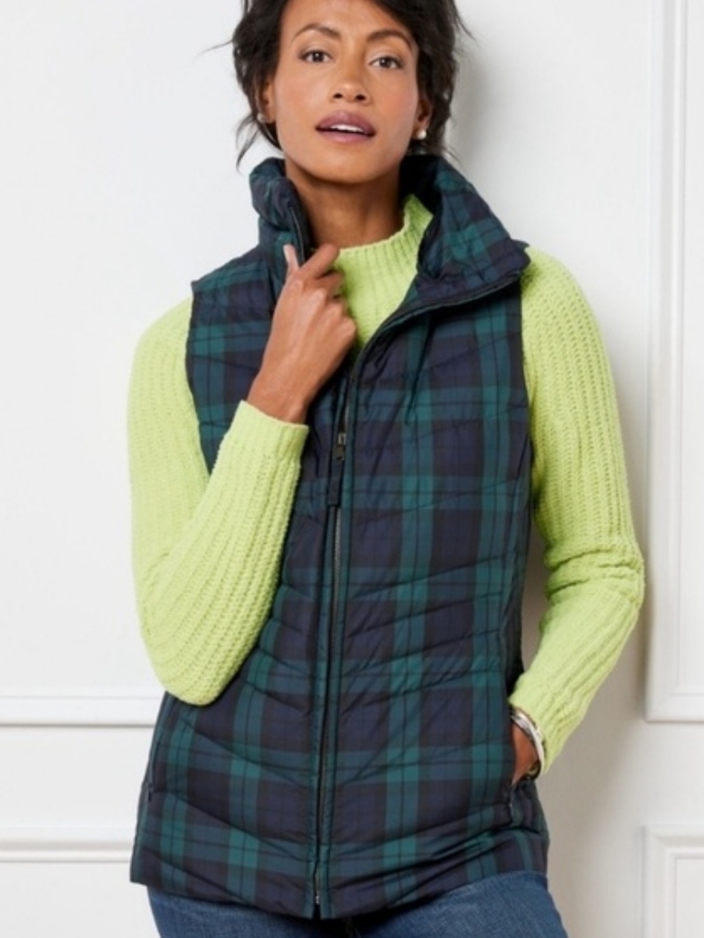 Talbots Blackwatch Plaid Quilted Down Fill Vest Size Large